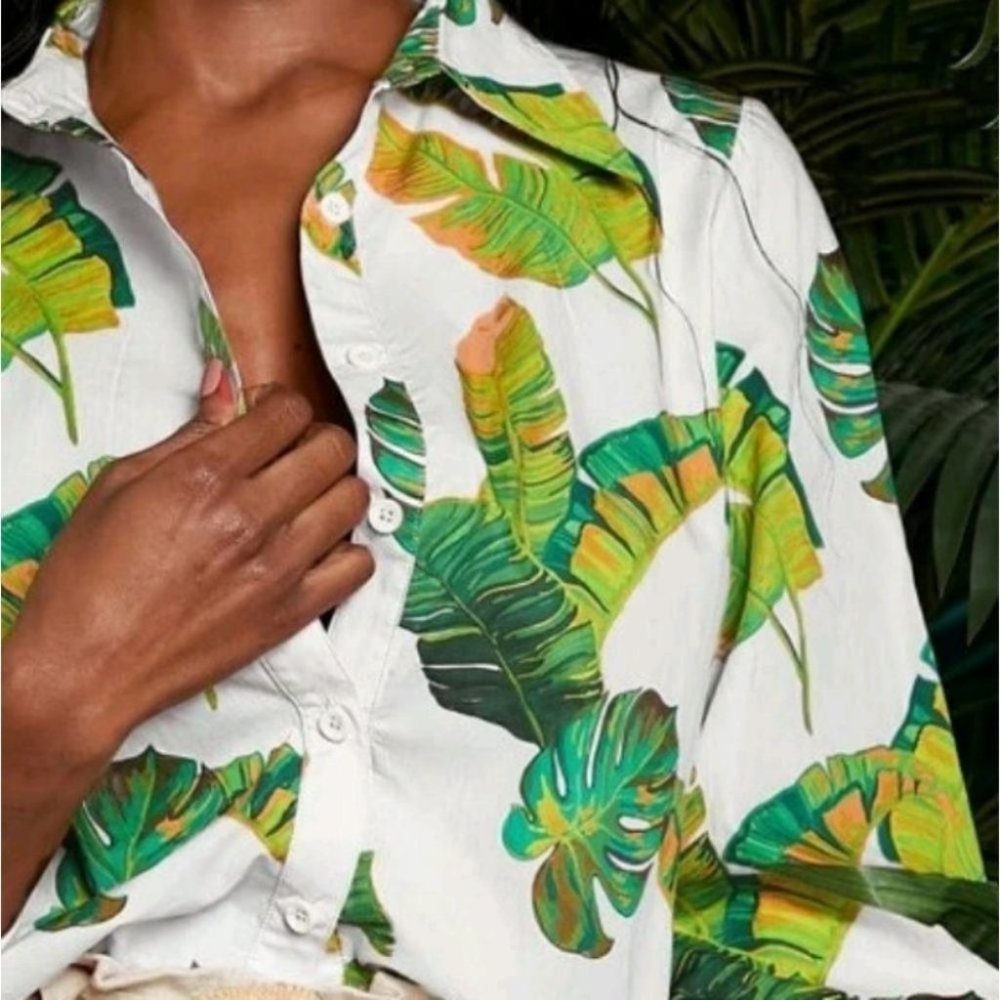 WHITE PALM BUTTON DOWN PANTERN SLEEVE SHIRT SUMMER VACAY - Picture 5 of 6